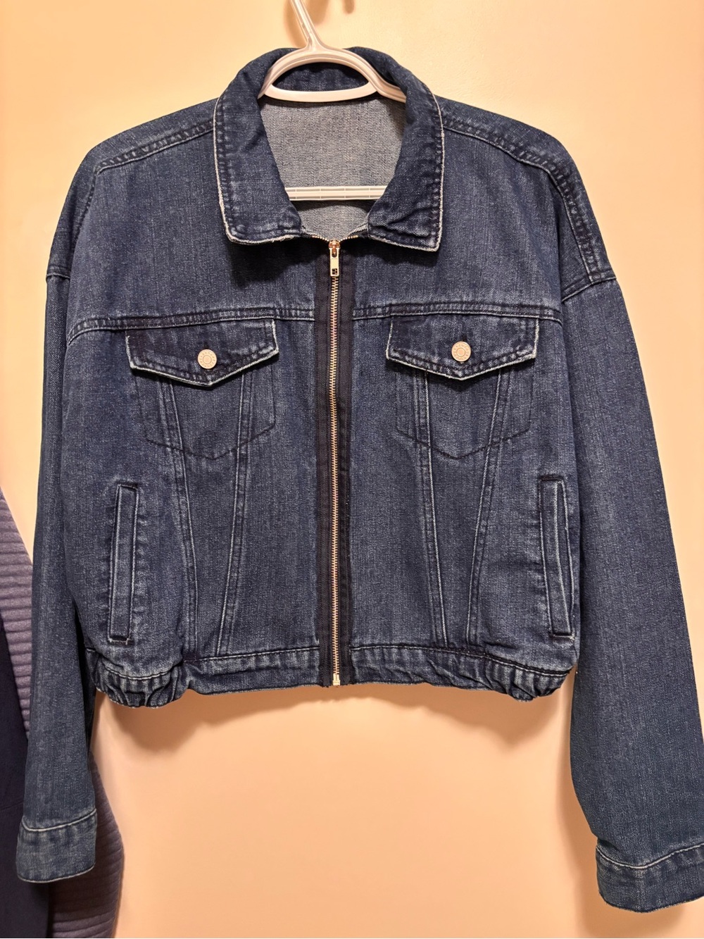 Denim Bomber Jacket Zipper pockets size L collar long sleeve